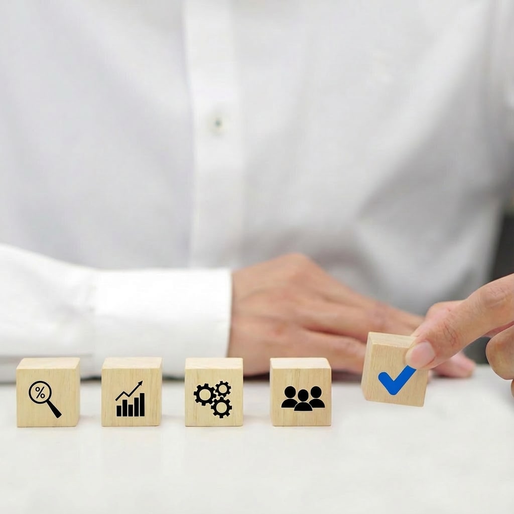 Hand ordnet Holzblöcke mit Symbolen für Analyse, Wachstum, Prozesse, Teamarbeit und Qualität – steht für externe Lösungen im Qualitätsmanagement.