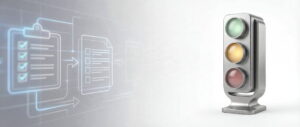 Headerbild mit digitalem QMS‑Dokumenten‑Workflow und einer stilisierten Ampel in Grün‑Gelb‑Rot als Statusanzeige für den QMS‑Ampel‑Check